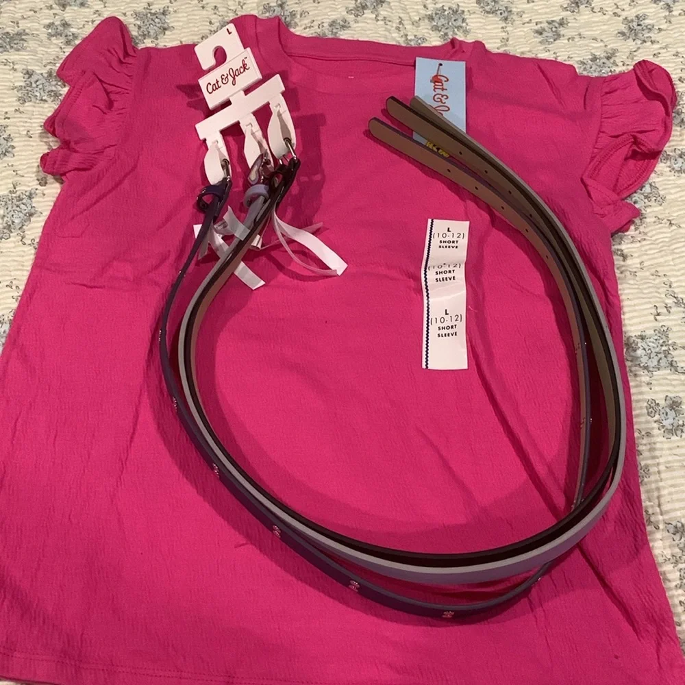 Cat & Jack Pink Shirt and 3 Belts NEW Size Large 10-12 Black Blue & Purple Belts